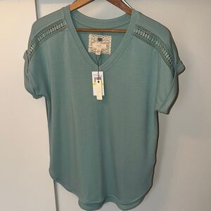 Sage Green V-Neck Crochet Shoulder Top